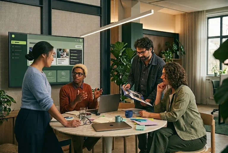 Professionals using digital learning platforms during a collaborative workplace learning session.